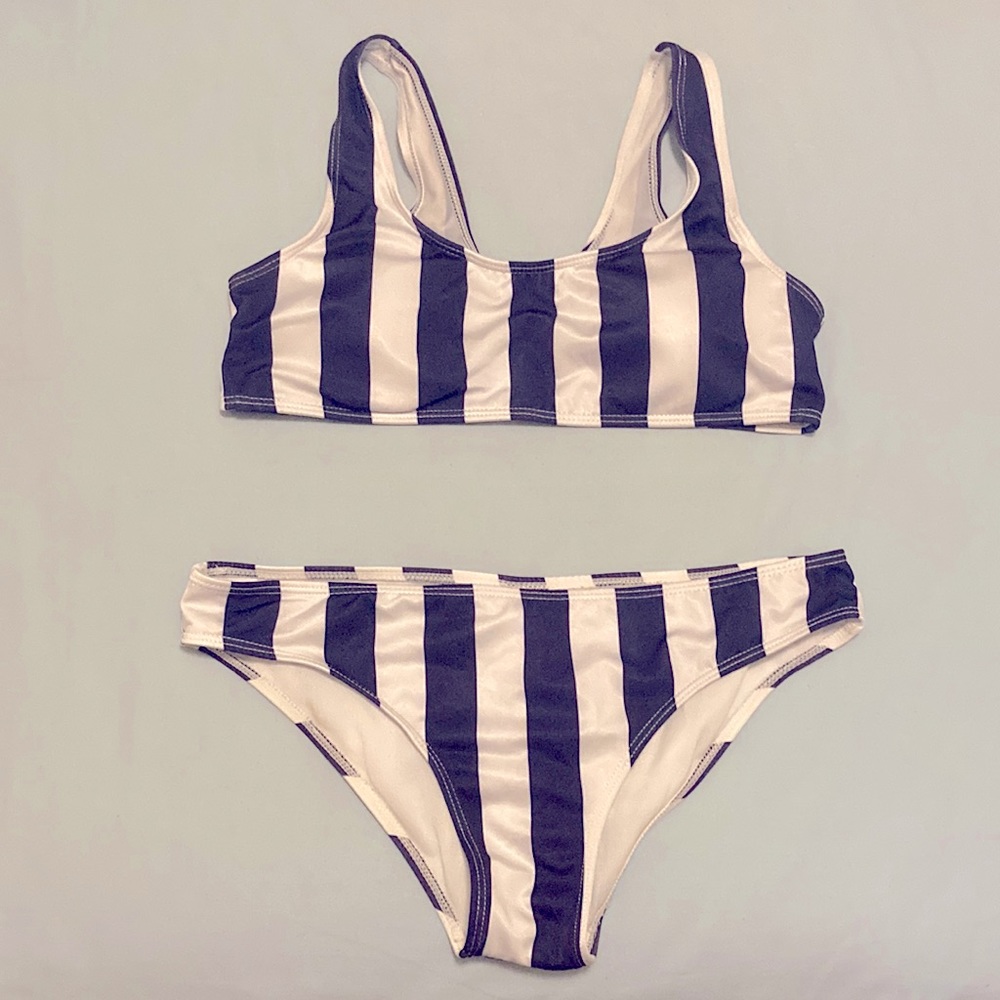Summer bathing suit two piece Blue and White striped Size L